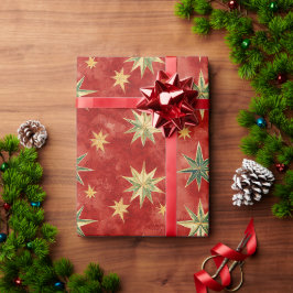 Papel De Regalo Rojo Verde Dorado Estrellas Navidad