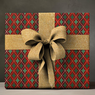 Papel De Regalo Rojo Verde Dorado Harlequin Navidad Geométrico