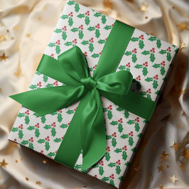 Papel De Regalo Rojo Verde Festivo Hojas de Acebo Bayas Fiesta 