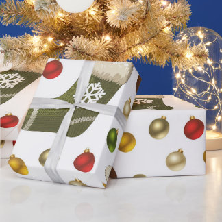 PAPEL DE REGALO ROJO VERDE ORO BOLAS DE NAVIDAD Y MEDIAS