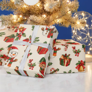 Papel De Regalo Rojo vintage y verde Navidad Santa Reno