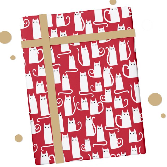Papel De Regalo Rojo y blanco de gato curado (Red and white festive cat gift wrap)