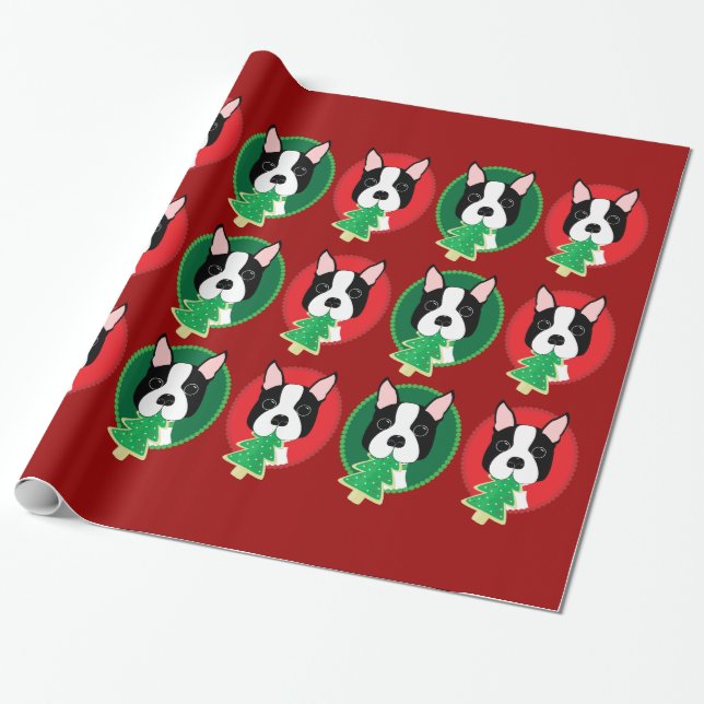 Papel de regalo rojo y verde del navidad de Boston (Desenrollado)
