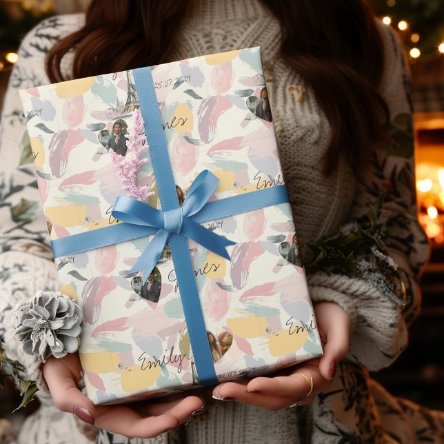 Papel De Regalo Romance parisino personalizado con fotos y nombres (Subido por el creador)