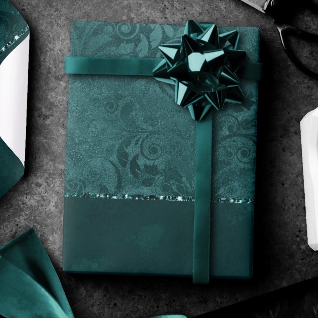 Papel De Regalo Romance Verde azulado de medianoche | Damasco de z (Subido por el creador)