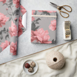 Papel De Regalo Romantic Dusty Pink Peony Grey Floral Pattern