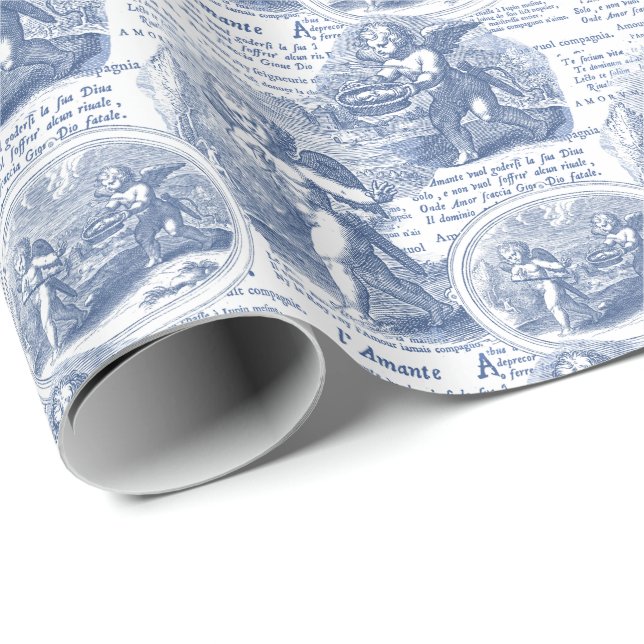 Papel De Regalo Romántico Blue French Toile Cupids en amor (Esquina del rollo)