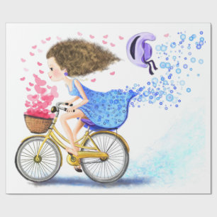 Papel de regalo romántico de chica con bicicleta