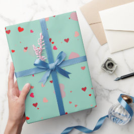 Papel De Regalo Romántico Verde Menta Corazones Rojos San Valentín