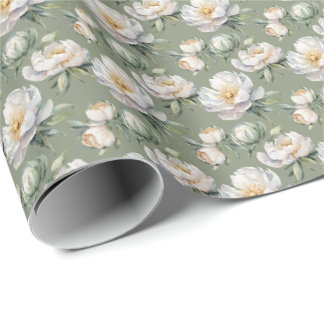 Papel De Regalo Romántico Verde Salvia Suave y Floral de Peonía Bl