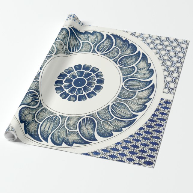 Papel De Regalo Ronda azul blanca floral china (Desenrollado)