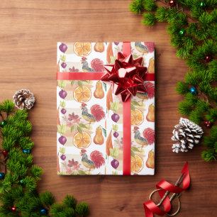 Papel De Regalo Rooster Rojo Escena del País Acuarela Pintada A Ma