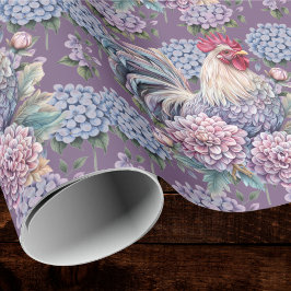 Papel De Regalo Roosters and Hydrangeas Blue Purple Gray Farmhouse
