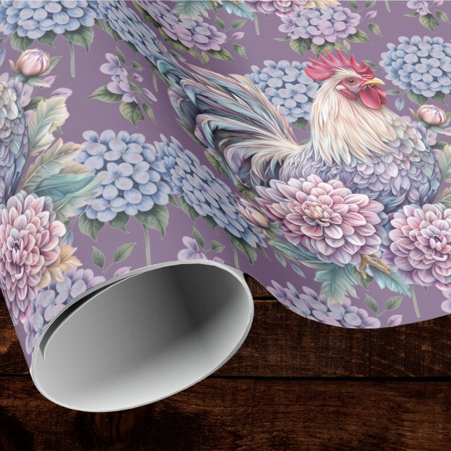 Papel De Regalo Roosters and Hydrangeas Blue Purple Gray Farmhouse (Subido por el creador)