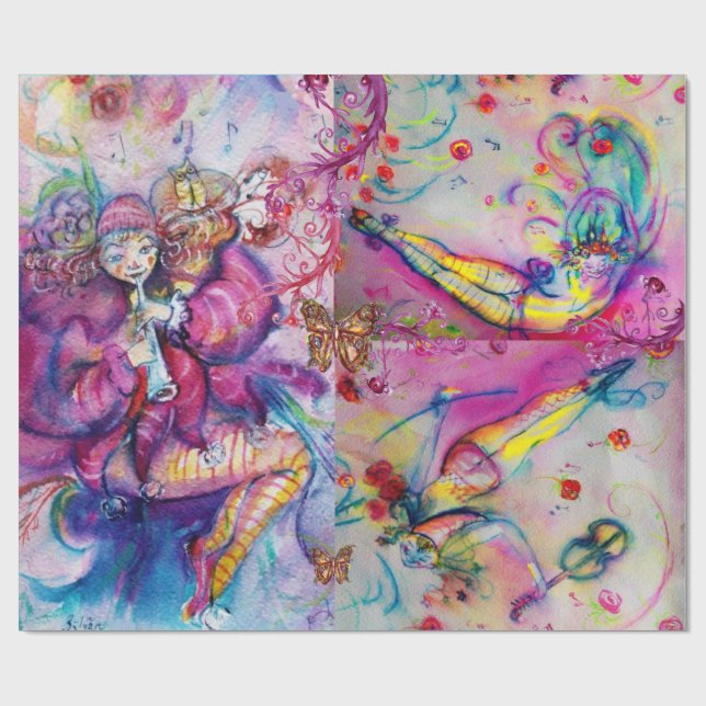 PAPEL DE REGALO ROPA DE MÚSICA ROSA, MARIPOSAS Y HINCHAS FLORALES (Superficie plana)