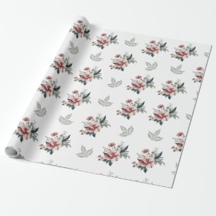 Papel De Regalo Rosa acuarela rosa con follaje azul verdoso