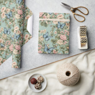 Papel De Regalo Rosa azul floral y mariposa más suave