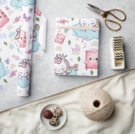 Papel de Regalo Rosa Azul Unicornio Bebé Gato Arco