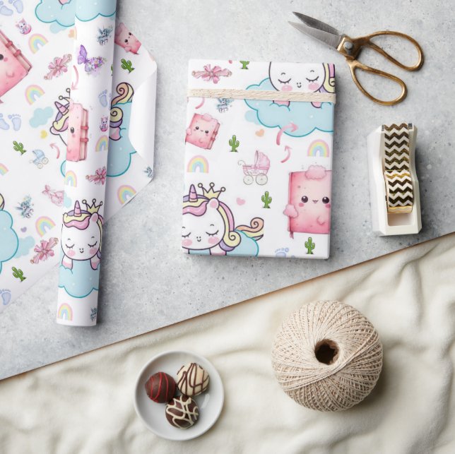 Papel de Regalo Rosa Azul Unicornio Bebé Gato Arco (Artesanía)