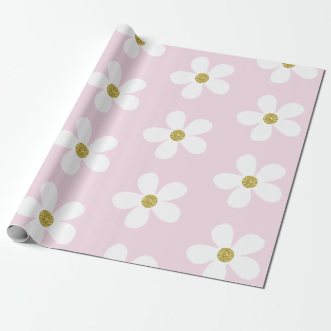 Papel De Regalo Rosa Blanco Simple Daisy Gold (Desenrollado)