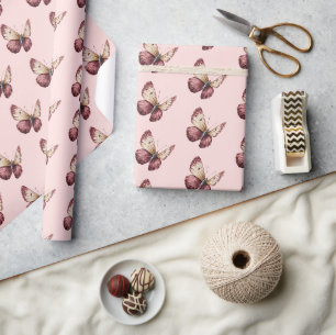 Papel De Regalo Rosa Burdeos Rojo Crema Mariposa Cumpleaños