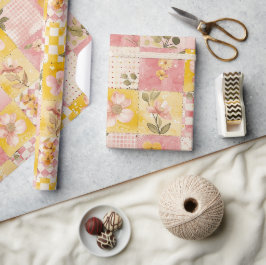 Papel De Regalo Rosa Caliente Amarillo Edredón Cuadros Cottagecore