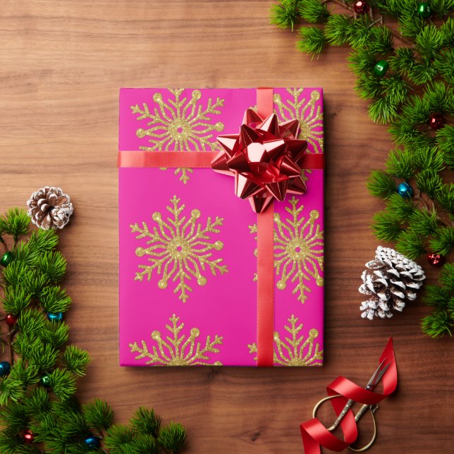 Papel de regalo rosa caliente con copo de nieve do (Regalo de vacaciones)
