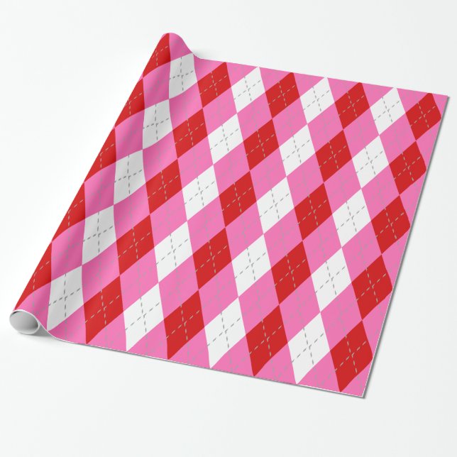 Papel De Regalo Rosa Caliente Oscuro Gris Blanco XL Argyle (Desenrollado)
