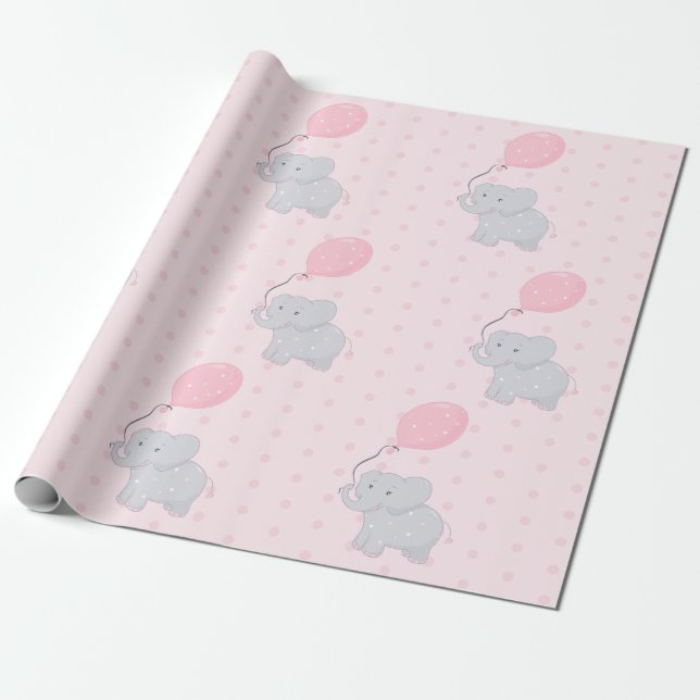 Papel De Regalo Rosa Chica de Baby Shower para elefante lindo (Desenrollado)