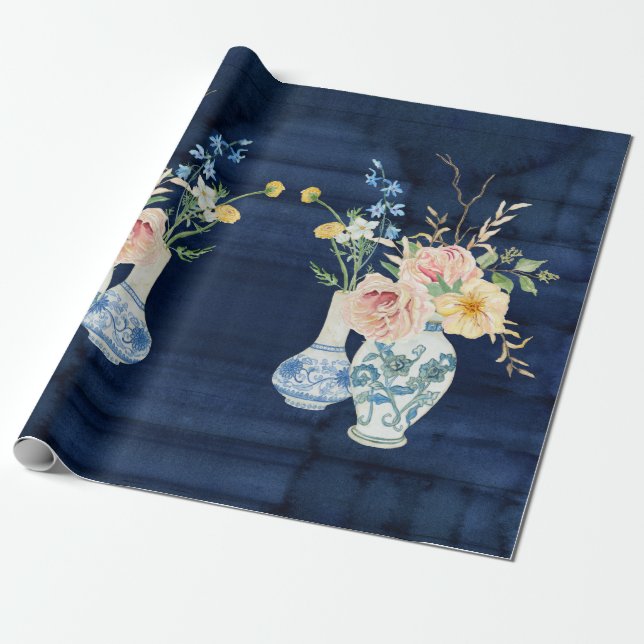 Papel De Regalo Rosa Chinoiserie Peony Flowers Marina Blue Wood (Desenrollado)