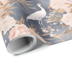 Papel De Regalo Rosa claro gris floral asiático pájaro