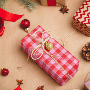Papel De Regalo Rosa Claro y Rojo Brillante Cuadro de Búfalo