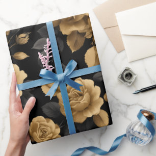 Papel De Regalo Rosa con acento de oro elegante patrón floral negr