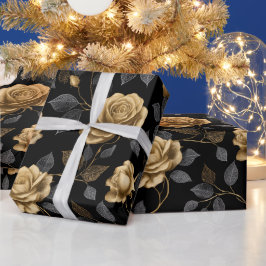 Papel De Regalo Rosa con acento de oro elegante patrón floral negr