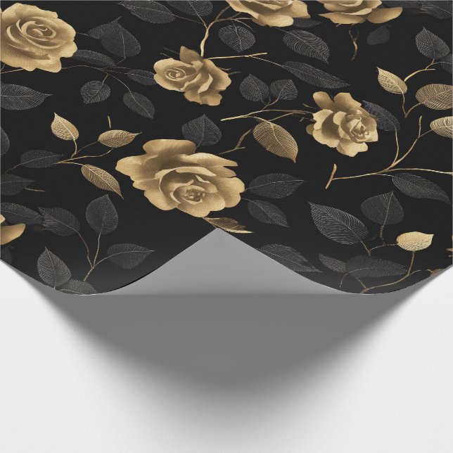 Papel De Regalo Rosa con acento de oro elegante patrón floral negr (Esquina)