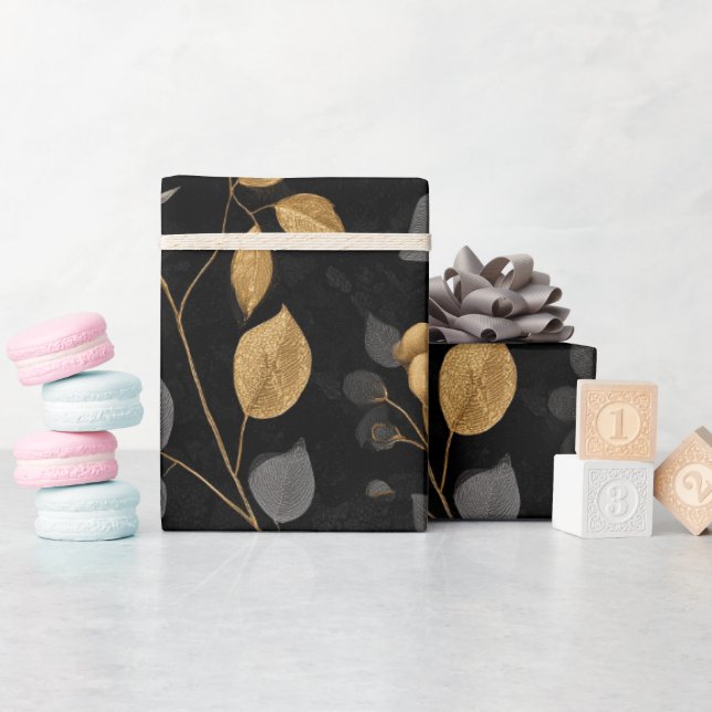 Papel De Regalo Rosa con acento dorado elegante patrón floral negr (Baby Shower)