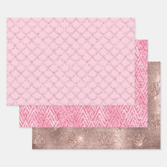 Papel de regalo rosa con brillo en oro rosa de mod (Set)