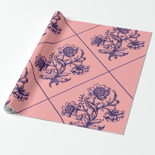 Papel De Regalo Rosa con flor azul (Desenrollado)