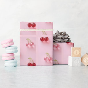 Papel de regalo rosa con patrón de cereza de vidri
