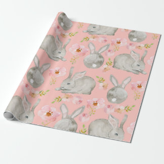 Papel De Regalo Rosa. Conejos y flores.