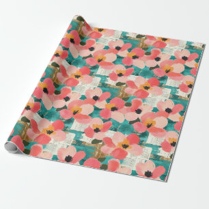 Papel De Regalo Rosa Coral Floral Turquesa Vintage