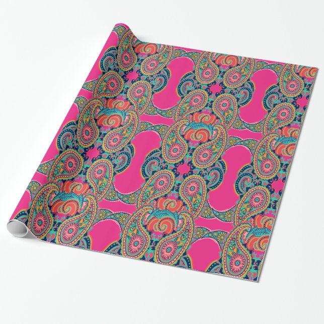 Papel De Regalo Rosa de arco iris brillante Paisley (Desenrollado)