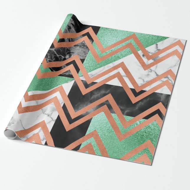Papel De Regalo Rosa de cobre Mármol de oro Carrara Chevron Mint n (Desenrollado)