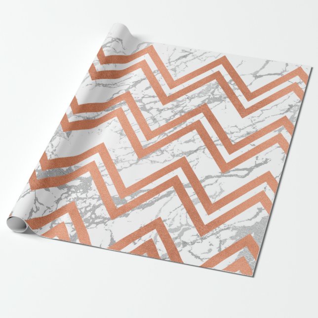 Papel De Regalo Rosa de cobre Mármol de oro Zig Zag Chevron Blanco (Desenrollado)