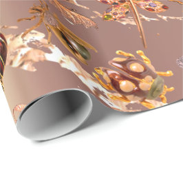 Papel De Regalo Rosa de cobre Zorra de oro Mariposa Insectos Gemas