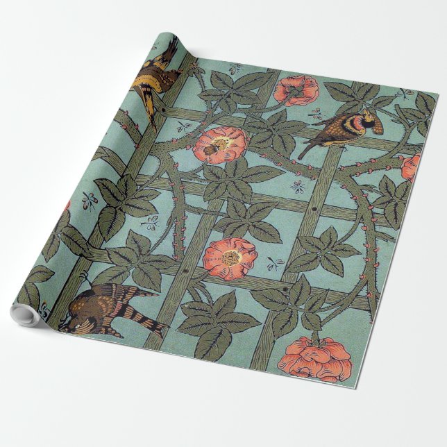 Papel De Regalo Rosa de escalada y pequeño pájaro, William Morris (Desenrollado)