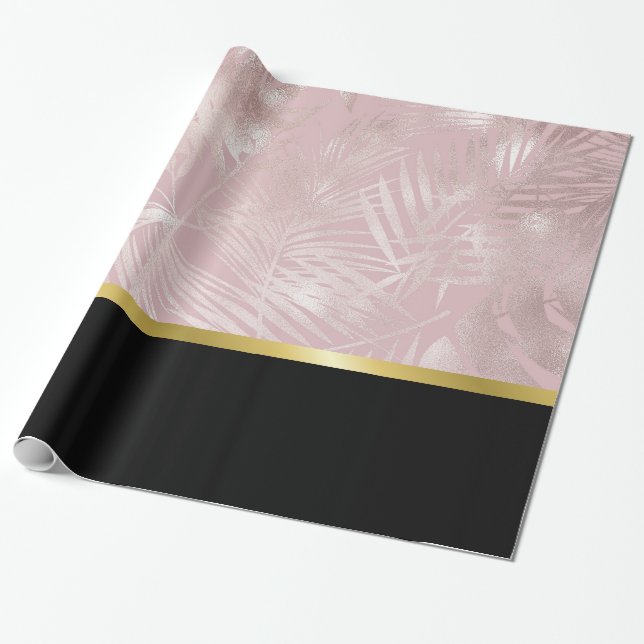 Papel De Regalo Rosa de hojas tropicales de oro con borde negro (Desenrollado)