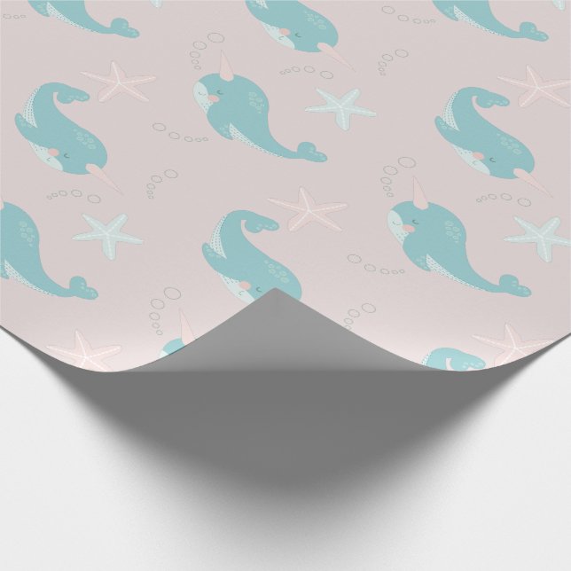 Papel De Regalo Rosa de luz de patrón de Narwhal y Starfish (Esquina)