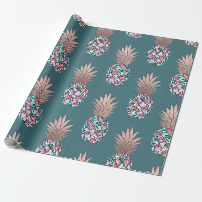 Papel De Regalo Rosa de Moda Girona Oro Floral Pineápoles Verde az (Desenrollado)