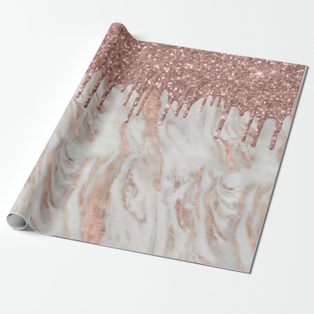 Papel De Regalo Rosa de moda Purpurina de oro gotea mármol blanco (Desenrollado)